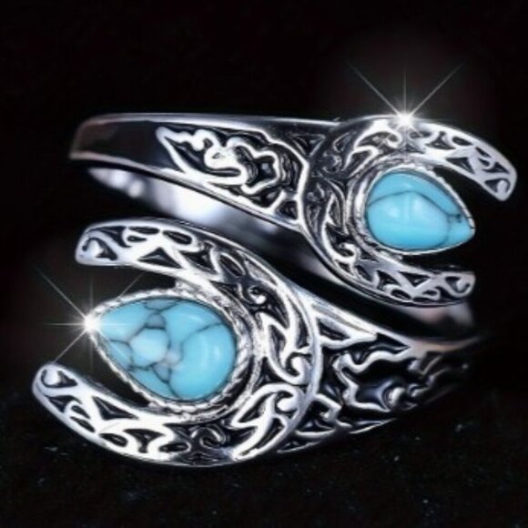 S925 Silver Plated Vintage Bohemian Style Turquoise Horseshoe Carved ring - Picture 1 of 4